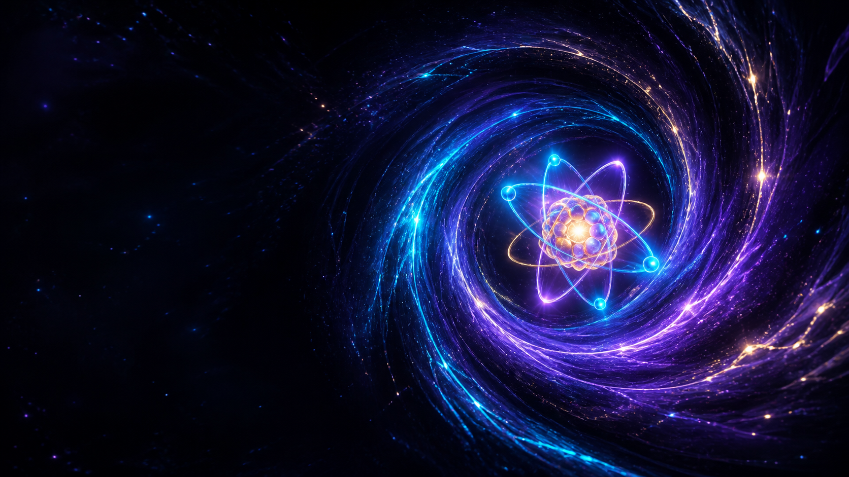 A luminous atom spiraling inside a blue and violet cosmic vortex